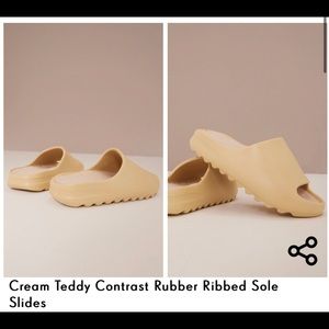 Cream Teddy Contrast Rubber Ribbed Sole Slides